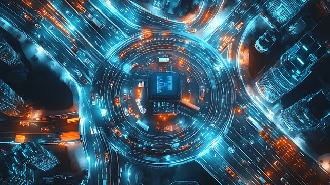 An AI powered system automating traffic management by analyzing real time vehicle flow and congestion patterns, futuristic AI-driven smart traffic control center, Transportation technology style