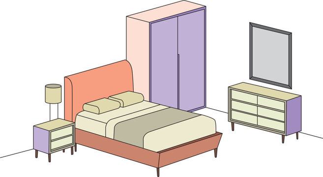 Modern Bedroom Interior With Bed And Dressing Table, Almira, table lamp. vector illustration of a bedroom. Cozy living room. Residential lifestyle. 