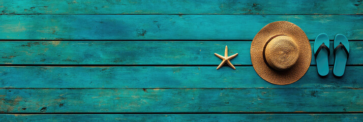 Bright turquoise backdrop with beach essentials: flip flops, straw hat, yellow sunglasses & starfish. Summer vacation vibe. Flat lay, copy space, banner