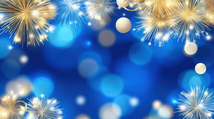 Festive gold fireworks bokeh blue background design