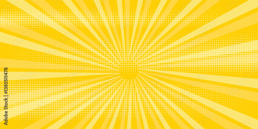 Poster yellow abstract background with light of sunburst. yellow starburst with halftone. sun ray retro bac