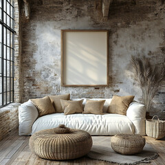 A mockup of a minimalist framed photo in a contemporary living room, ideal for displaying custom artwork