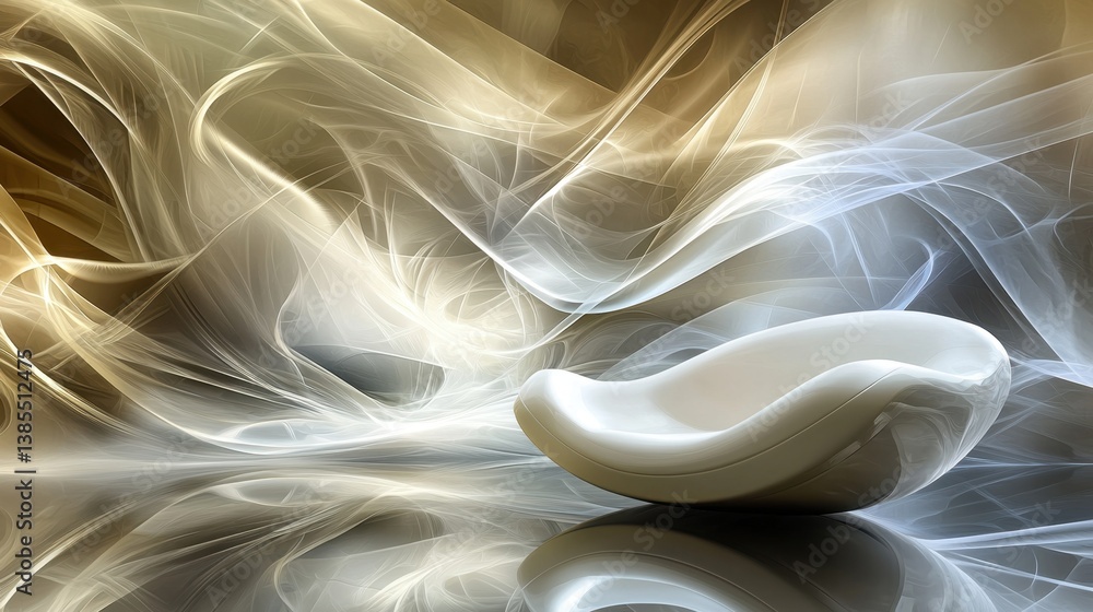 Poster a luxurious white couch placed against a backdrop of smooth, flowing abstract patterns in neutral to