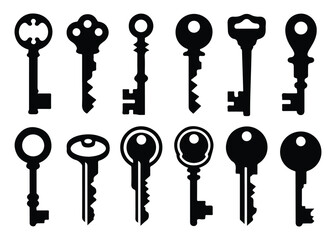 Collection of Vintage Key Silhouettes, vector illustration isolated on white background.