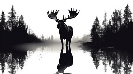 Majestic Moose Reflected in Tranquil Lake Amid Dense Forest isolated on white background