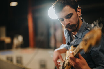Musician focused on playing a guitar during a rehearsal. The scene captures creativity, concentration, and skill in a warm and artistic setting, highlighting the preparation aspect of performing music