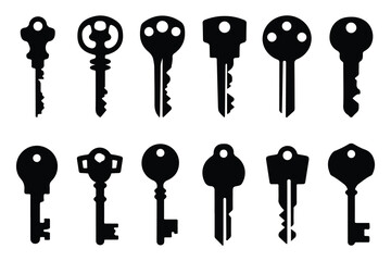 Collection of Vintage Key Silhouettes, vector illustration isolated on white background.