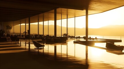 Fototapeta premium Modern Office Interior with Scenic Sunset View and Luxurious Ambience