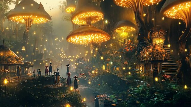 Enchanted forest village with glowing mushrooms during twilight featuring magical creatures and cozy cottages