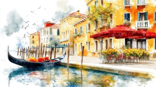 Venice Landscape Gondola Watercolor Oil Painting for Canvas Printing - Rich Details, Soft Lighting, Sepiatone Aesthetic Chaos 15