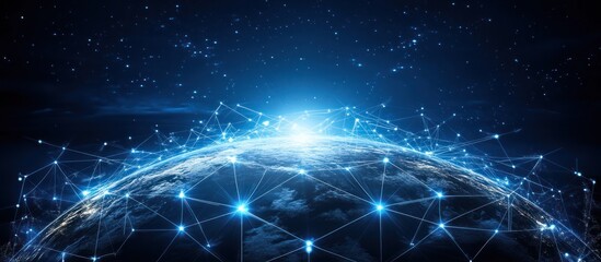 Networked planet earth at night with stars and interconnected global data