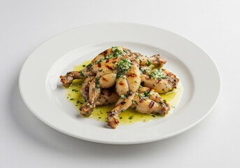 Grilled Frog Legs with Herb Butter on a White Plate