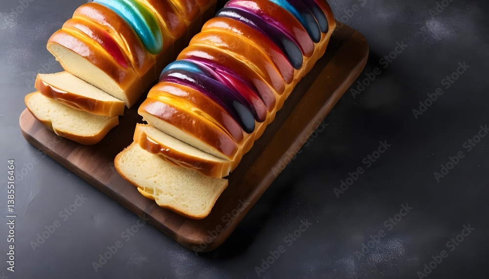 Poster A sliced loaf of bread with a rainbow colored topping creating a unique and eye-catching culinary creation