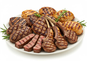 Grilled Lamb Chops Steak Chicken Breast Platter on White Background