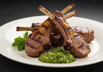 Grilled Lamb Chops with Mint Pesto on White Plate