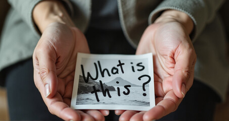 Person with dementia holding a photo asking "What is this?", illustrating memory loss and health challenges