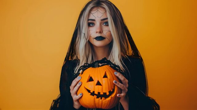 Woman in black veil with spiderweb face paint holding a carved pumpkin against a vibrant orange background.