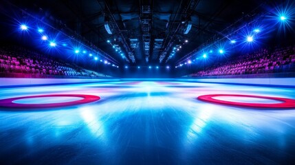 Pristine curling ice sheet in vibrant arena with colorful lighting enhancements