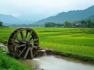 Fototapeta premium A farmer walking along the edge of a rice field, checking the water level and soil condition