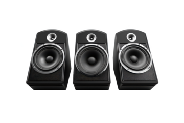 Three black speakers with silver trim arranged in a row Isolated on transparent background, PNG