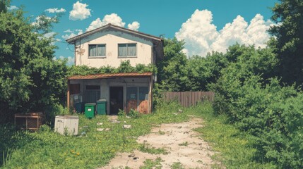 Abandoned house overgrown with vegetation rural area natural environment wide angle urban decay concept
