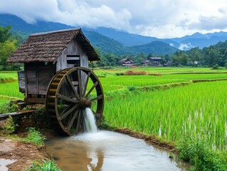Fototapeta premium A farmer walking along the edge of a rice field, checking the water level and soil condition