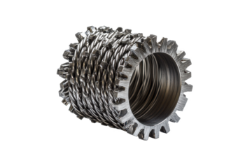 A complex metal gear with woven wire mesh and teeth Isolated on transparent background, PNG