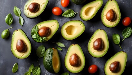 Fresh avocados with fragrant basil leaves and juicy tomatoes for a healthy and colorful ingredient display