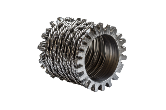 A complex metal gear with woven wire mesh and teeth Isolated on transparent background, PNG