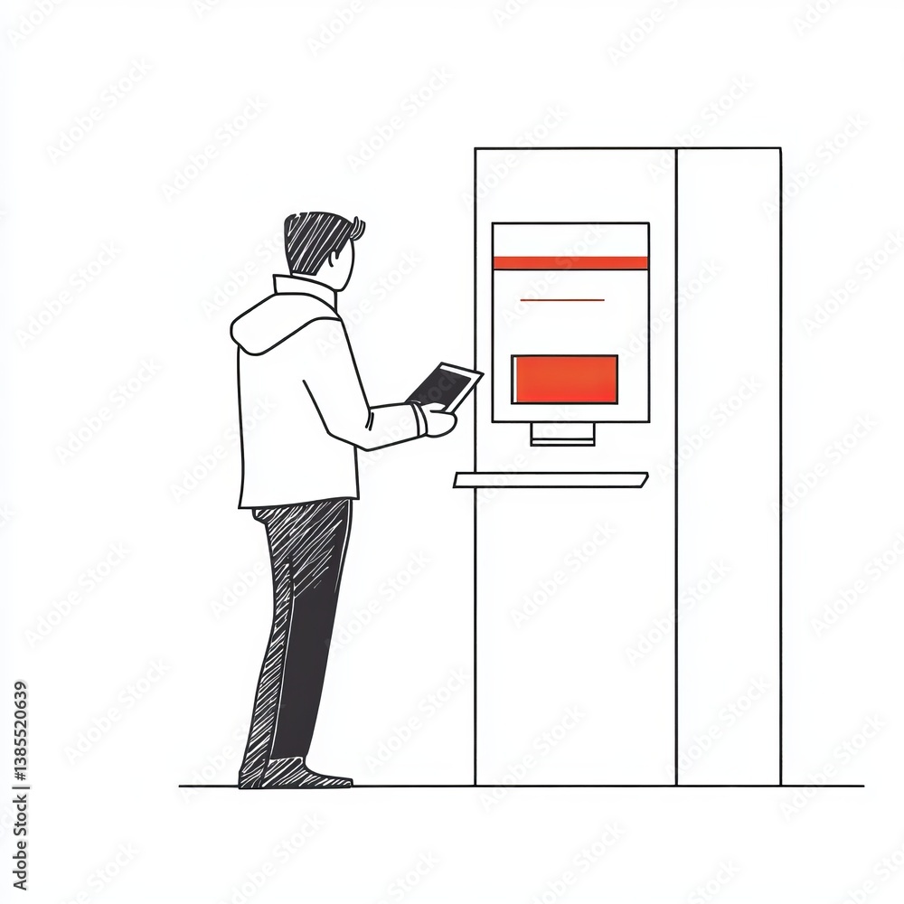 Poster continuous one line drawing businessman doing transaction at the atm. atm machine concept. single li