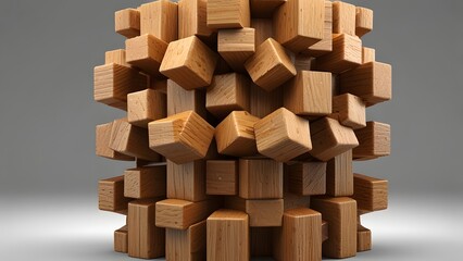 Minimalist Wooden Puzzle Cube Rendered in 3D with Varying Block Shapes

