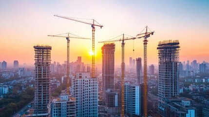 Fototapeta premium Sunset cityscape construction cranes building skyscrapers