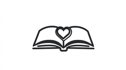 Open book with heart, simple graphic design, love of reading, education icon