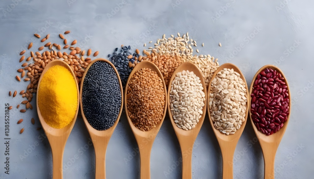 Poster a row of wooden spoons filled with different types of beans and lentils creating an aesthetic displa