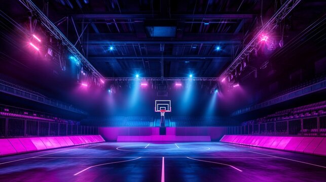 Vibrant empty basketball arena with illuminated surface for dynamic sports events