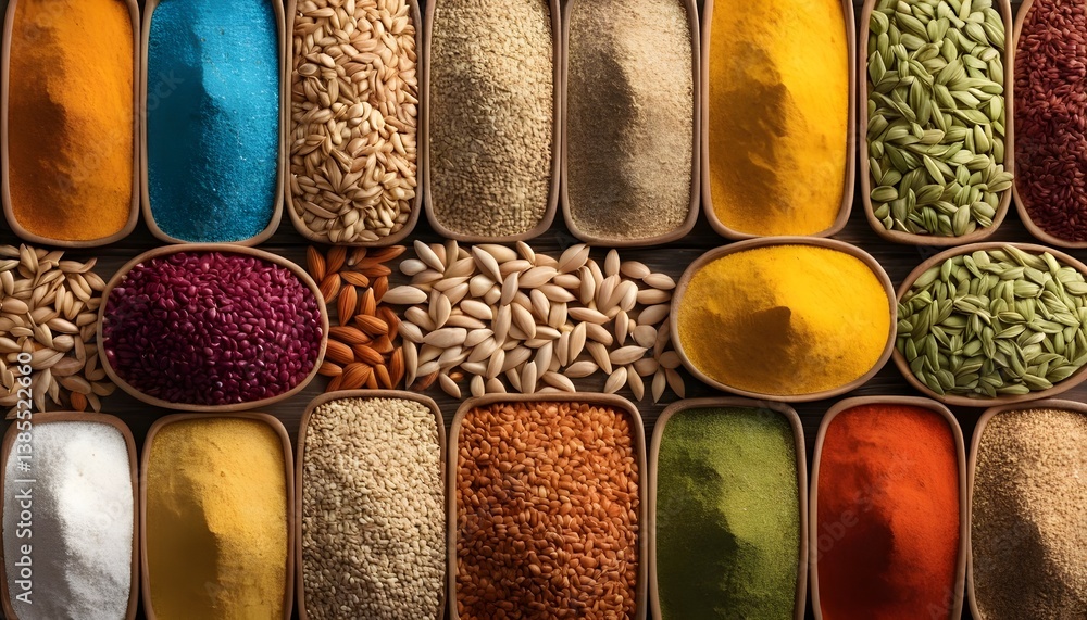 Poster an assorted variety of different colored spices displayed together in a beautiful rustic setting for