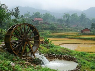 Fototapeta premium A farmer walking along the edge of a rice field, checking the water level and soil condition
