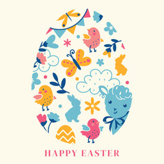 Bright and cheerful Easter egg composition featuring playful animals, flowers, and festive elements. Isolated modern clip art. Colorful vector flat decor element for greeting cards, holiday posters