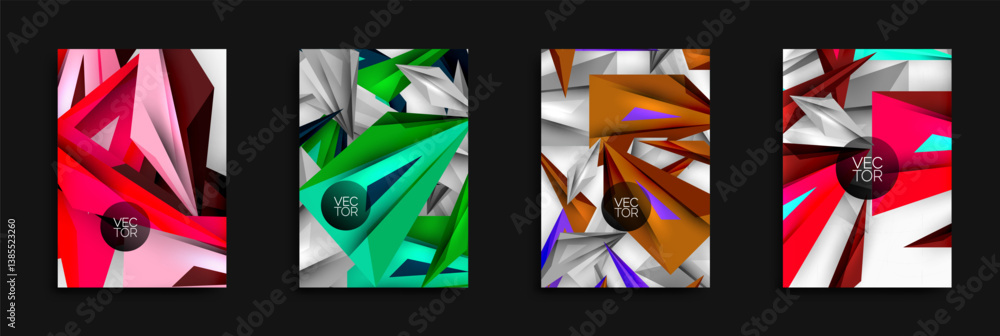 Fototapete Abstract geometric designs dominate image. Vivid colors, sharp angles create dynamic compositions. Modern vector illustrations suitable for backgrounds, flyers, posters.