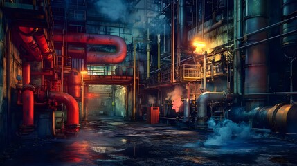 Industrial Warehouse with Pipes and Machinery in Dramatic Lighting