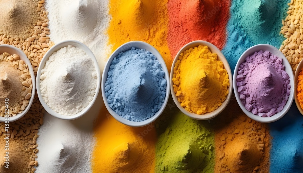 Poster a stunning array of vibrantly colored powders displayed in small bowls showcasing a spectrum of shad