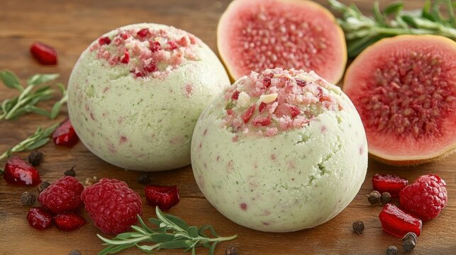 Fresh mint ice cream scoops topped with pomegranate seeds and figs - Powered by Adobe