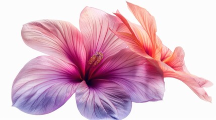 Fototapeta premium A close-up of a tropical flower with large petals in vibrant pink and purple hues, isolated on a transparent white background 