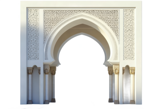 Ornate white archway with intricate carvings and detailed columns Isolated on transparent background, PNG