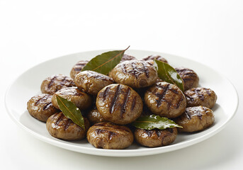 Grilled Meatballs with Bay Leaves on a White Plate