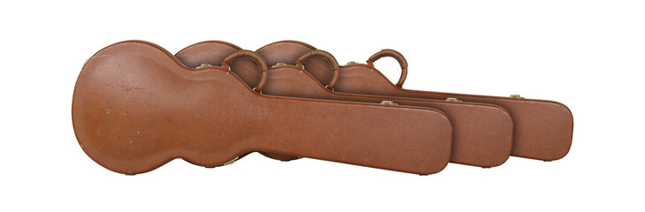 Musical instrument - Three front view old closes brown electric guitar hard case isolated white