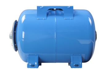Water supply and sewerage - Side view blue hydraulic accumulator. Isolated
