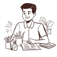 Continuous one line drawing happy man makes budget planner and analyzing his spendings. Budget planner concept. Single line draw design vector graphic illustration.