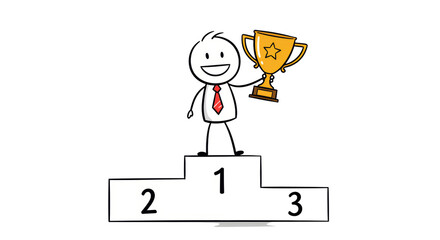 Stick Figure Celebrates Victory Holding Trophy on First Place Podium