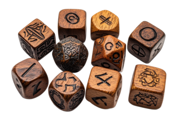A collection of wooden dice with various symbols and designs Isolated on transparent background, PNG
